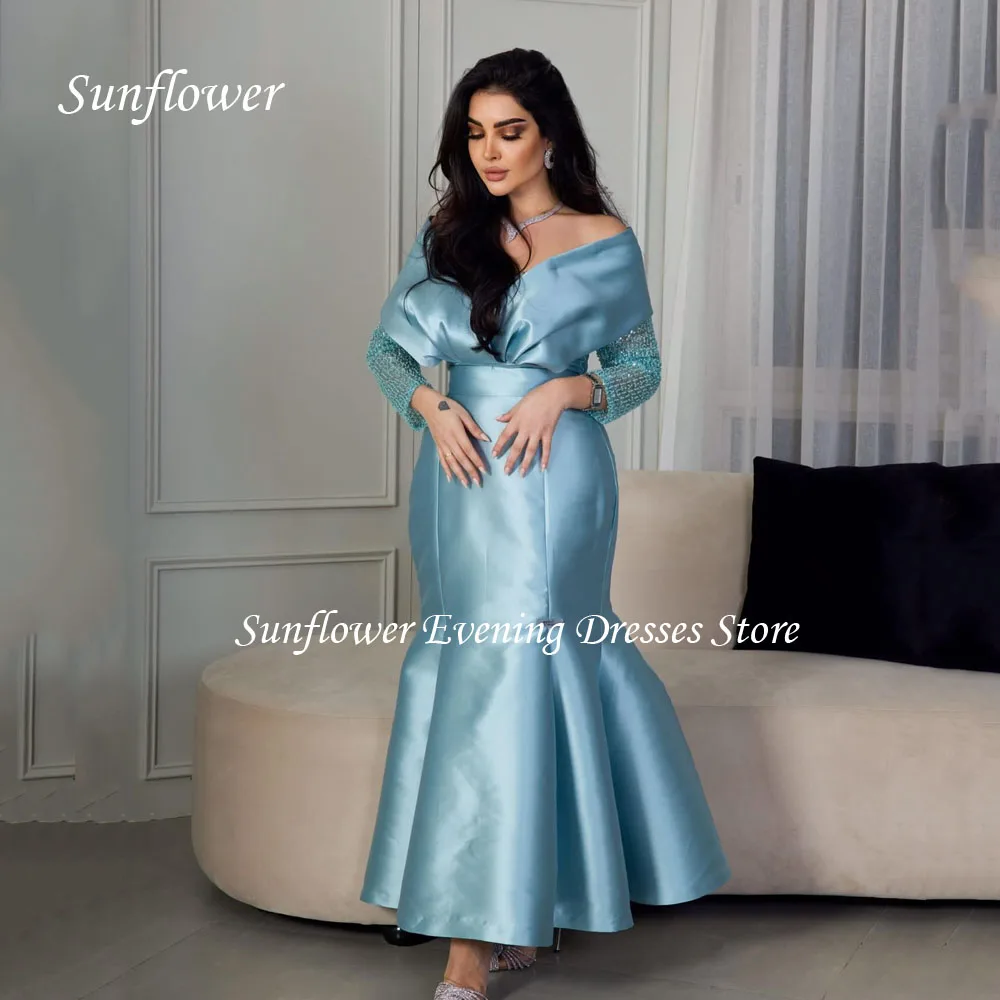 

Sunflower Off the Shoulder Prom Gown Mermaid Evening Dress Dubai Slim Lace Sleeve Satin Party Dress 2023 Floor-Length Prom Dress