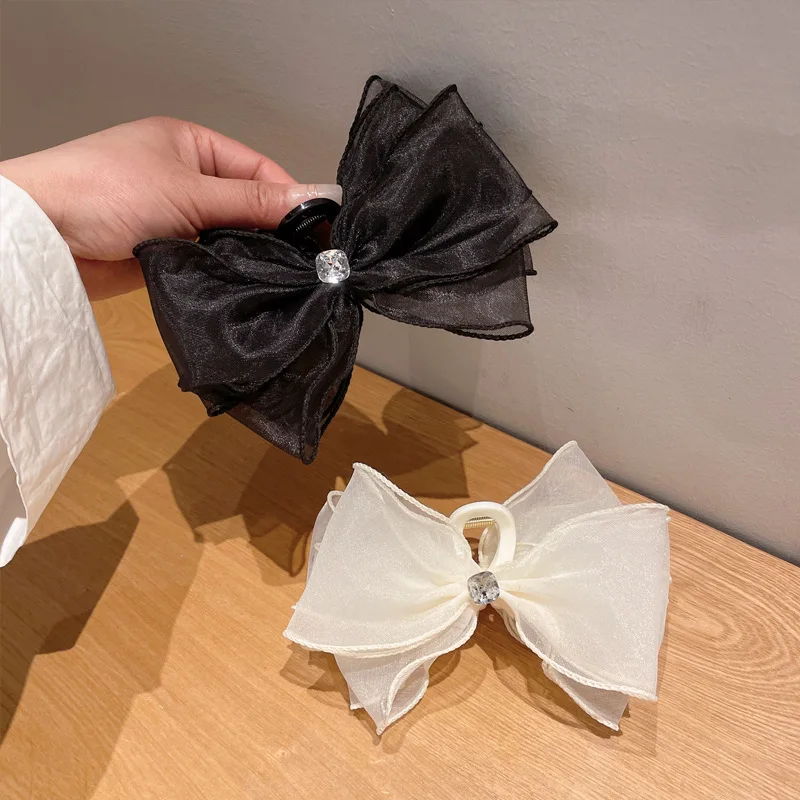 Korean Large Butterfly Knot Hair Clip Summer Mesh Rhinestone Versatile Shark Clamp Women's Headwear Professional Salo