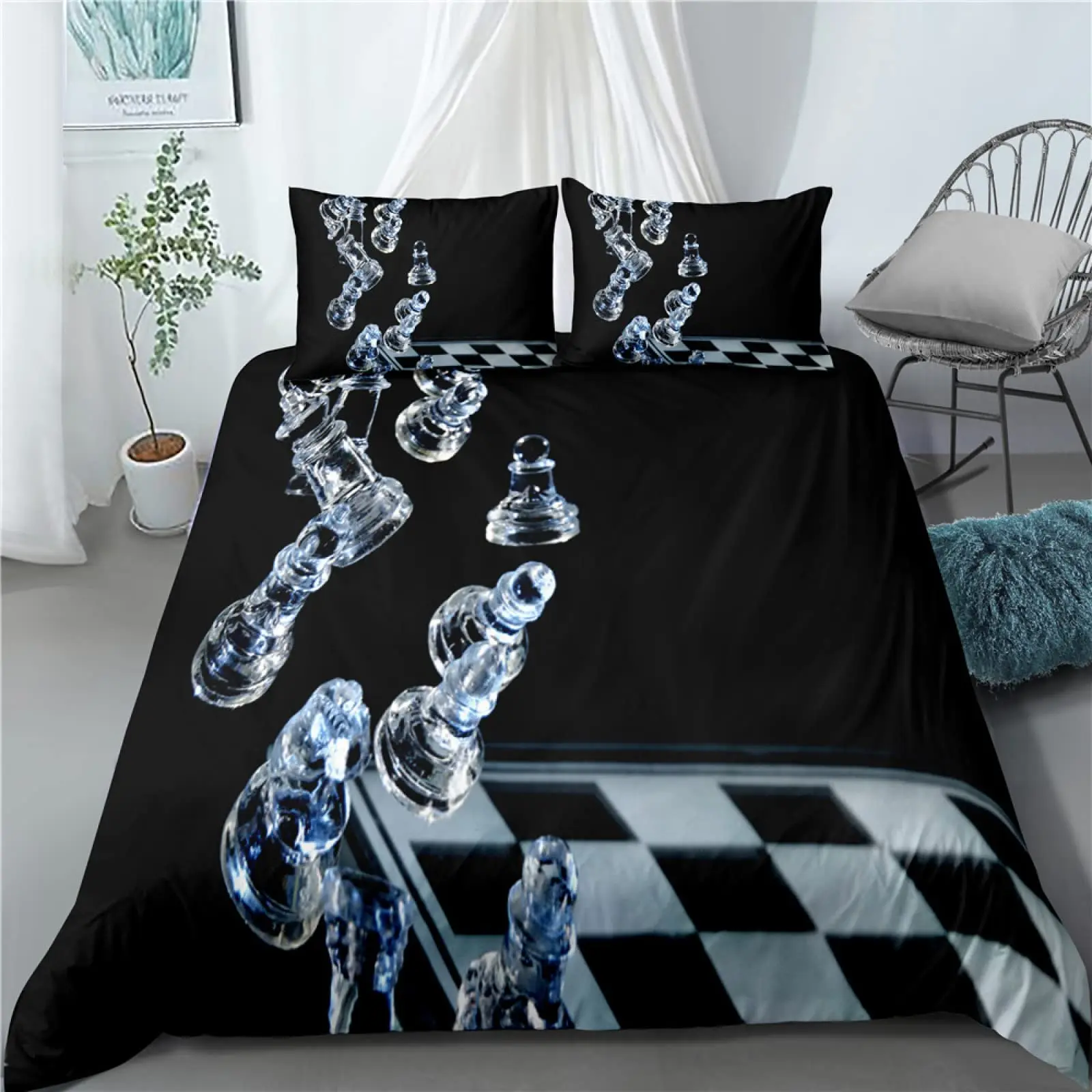 International Chess Duvet Cover Set Black White Lattice Checkerboard Comforter Cover Competition Game for Kids Teens Bedding Set