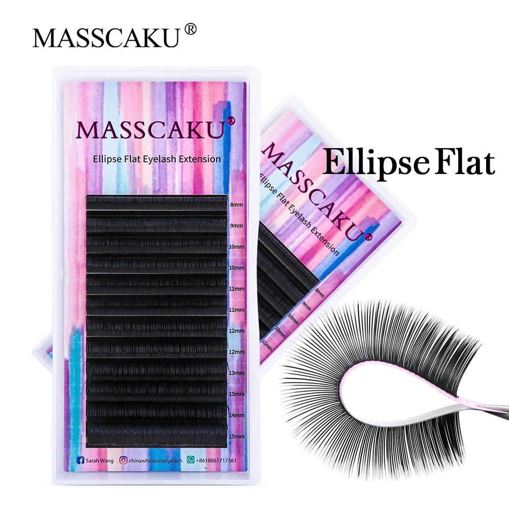 MASSCAKU 타원형 플랫 속눈썹, 개별 분할 팁, 매트 소프트 인조 밍크 인조 속눈썹 익스텐션, 12 줄, 8-18mm, 혼합 C/D