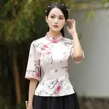 

Cheongsam Women's Plus Size Stand Collar Tops 2022 Summer Cotton Blend Lace Prints Splicing Tradition Chinese Style Shirts Woman
