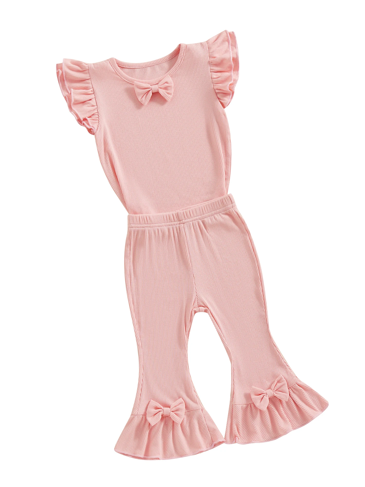 

Летняя одежда для маленьких девочек, однотонные трикотажные топы в рубчик с рукавами-фонариками и бантом, футболки, расклешенные брюки с эластичным поясом, комплект одежды из 2 предметов