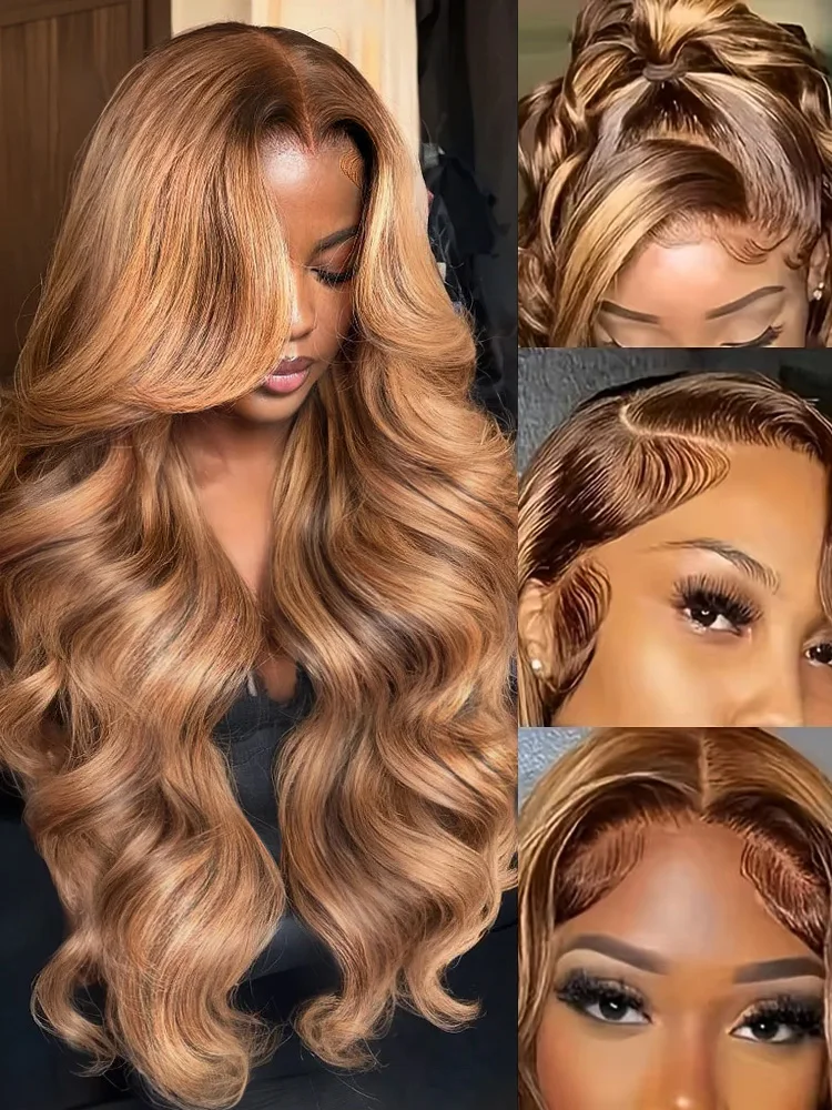 Highlight Wig Body Wave 13x6 Hd Transparent Lace Frontal Wig 30 40 Inch P4/27 Honey Blonde 13X4 Lace Front Wig 4x4 5x5 Closure Pre Plucked Lace ≥98% Human Hair Wigs