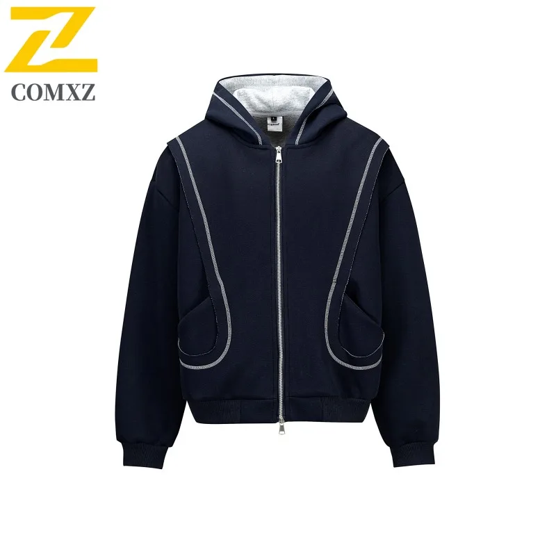 COMXZ 2025 New Men's American jacket Spring Autumn Streetwear Stitch Detail 3D Cut Hoodie Trendy Loose Versatile Casual Top 2025