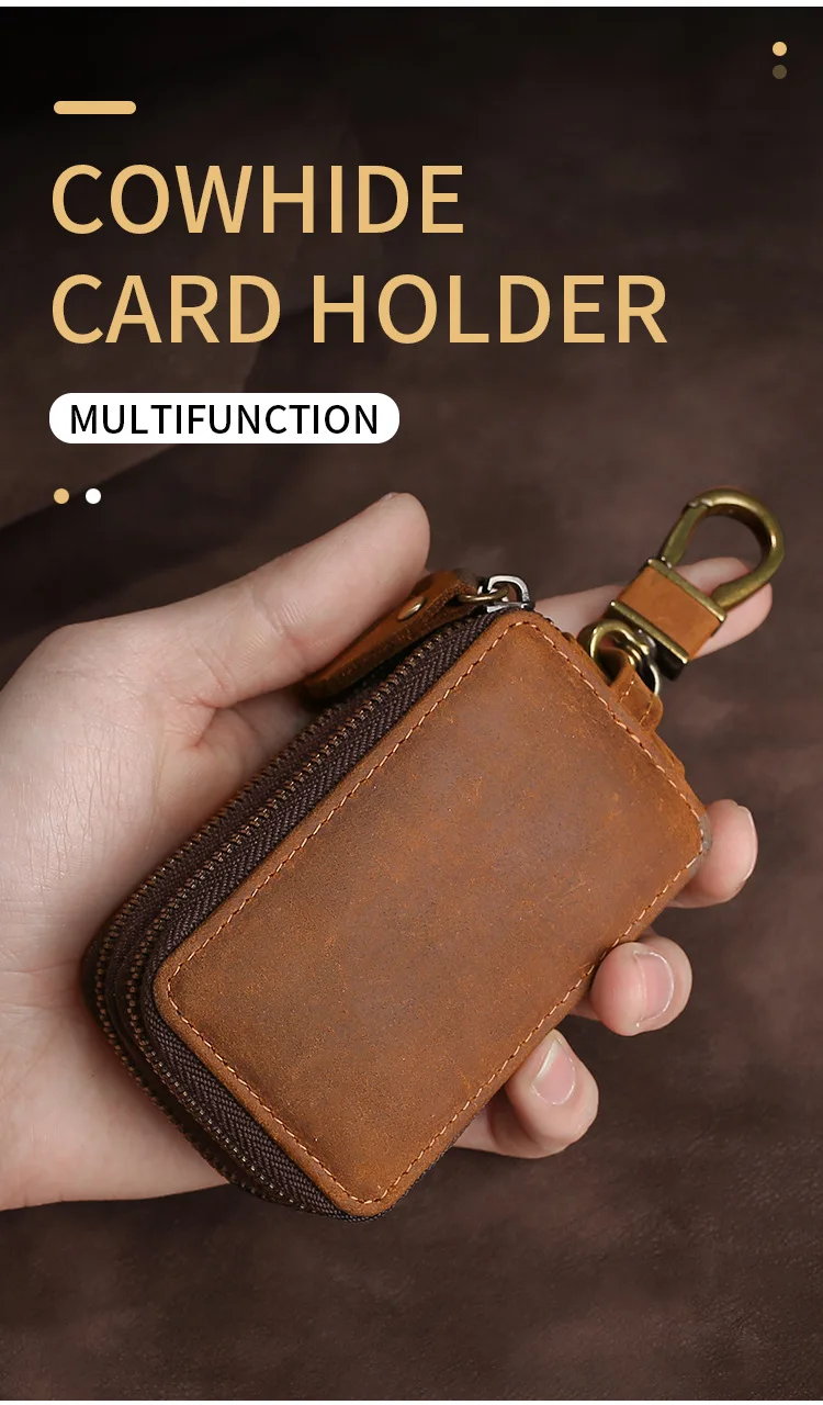 Crazy Horse leather key chain bag double zipper leather car key bag General Motors multi-purpose home double keycase