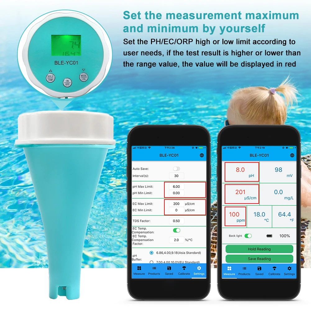 Water Quality Detector 6 in1 Water Quality Detector PH EC TDS ORP CL Temperature for Swimming Pool
