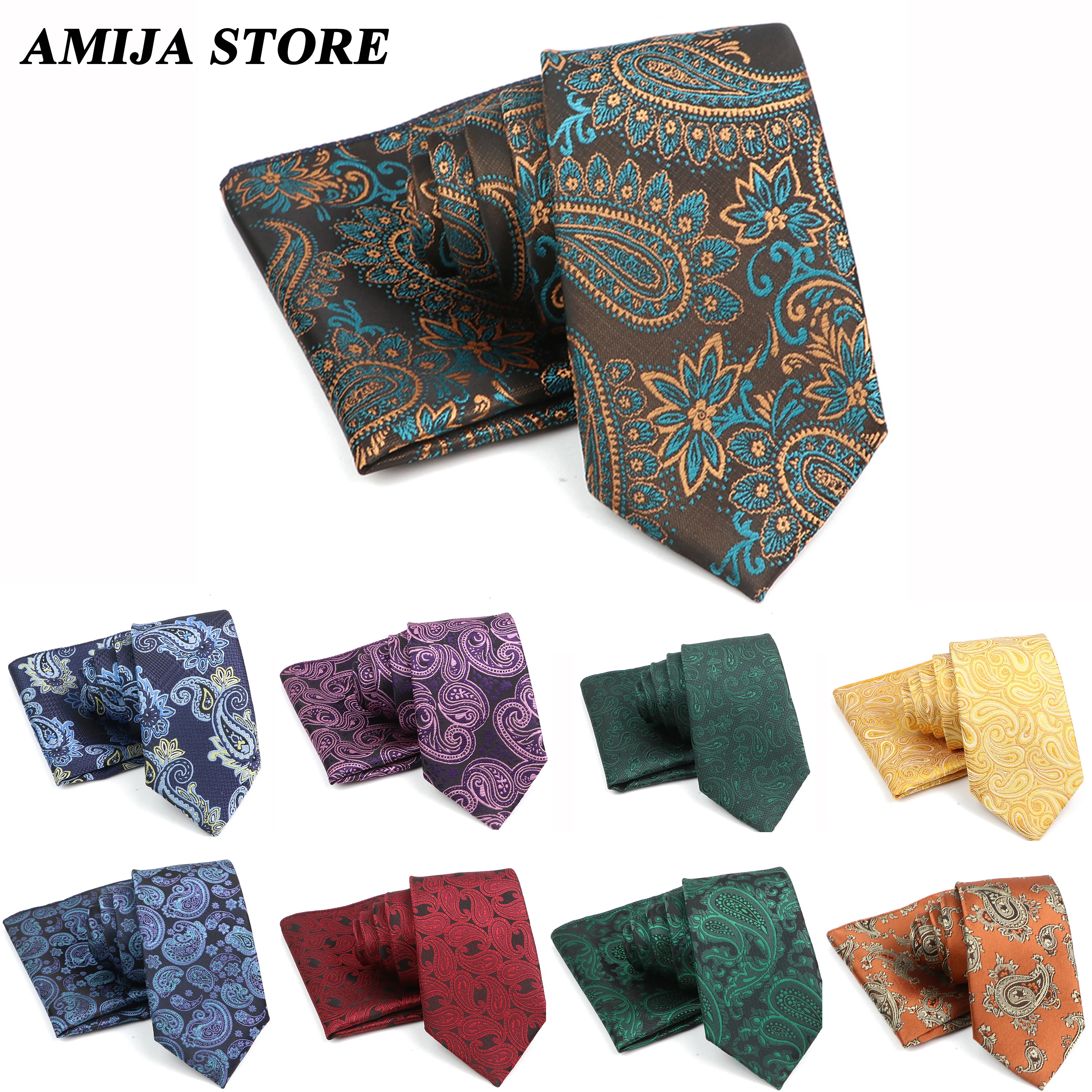 Mens Lime Green Paisley Patterned Neck Tie & Matching Pocket Square Set