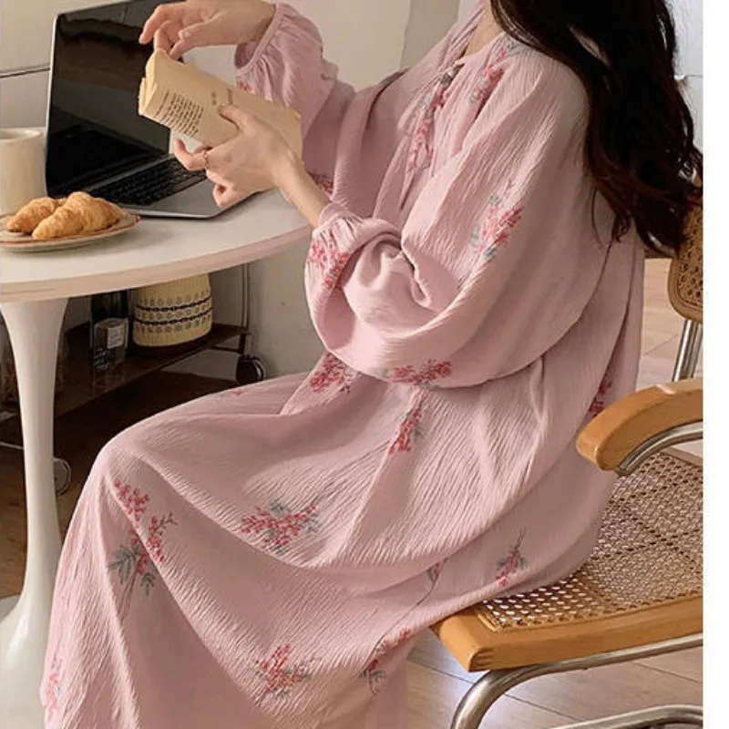 Spring Nightdress Vintage Plus Size Pajamas Loose Casual Pyjamas Round Collar Lace-up Sleepwear Medium Long Printed Nightgown