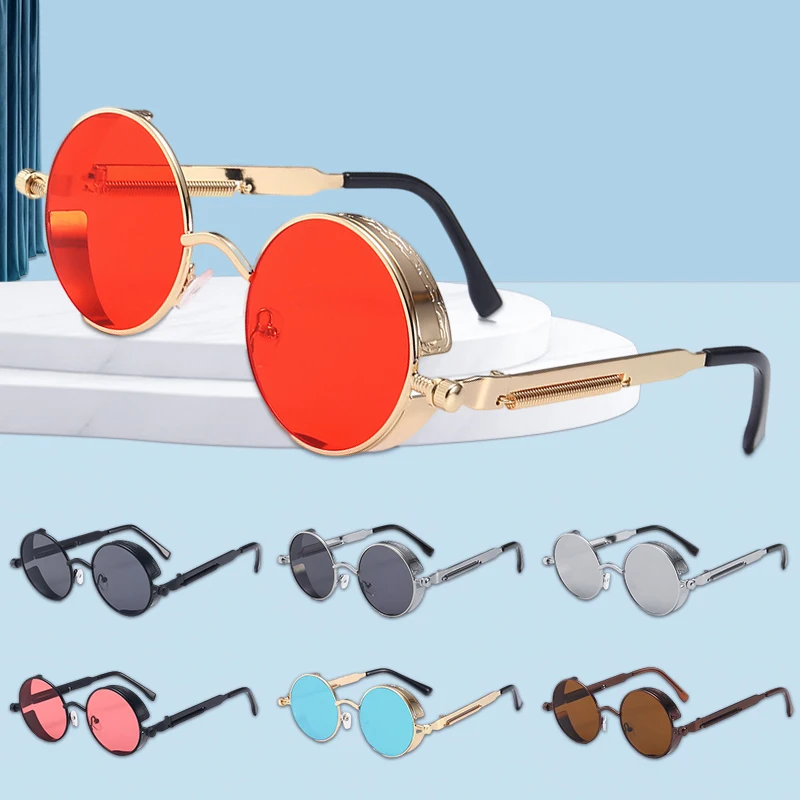 

2022 Vintage Steampunk Sunglasses Round Punk Alloy Metal Red Sun Glasses Women Goggles Men Gothic Style Eyewear
