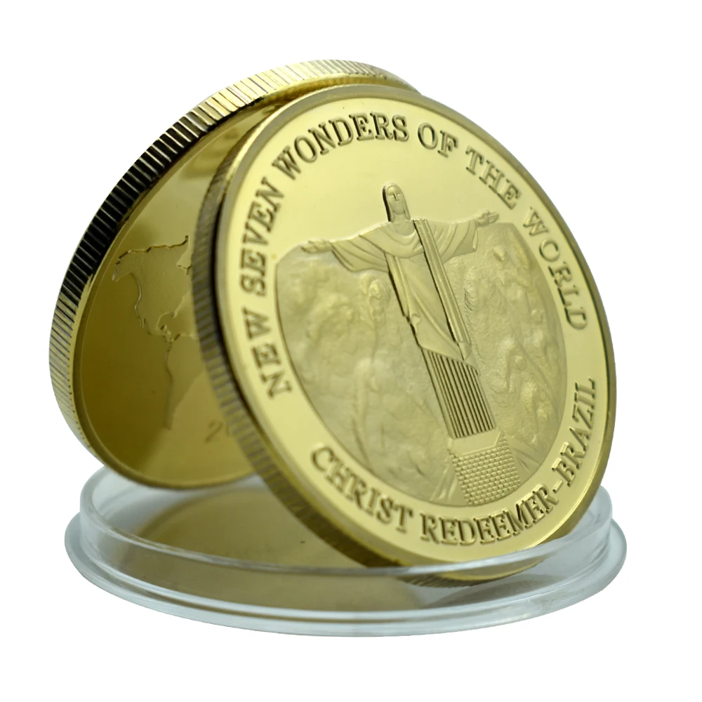 Moneta Commemorativa Placcata In Oro Delle Sette Meraviglie Del Mondo Cristo Redemer Challenge Coin Fens Collection