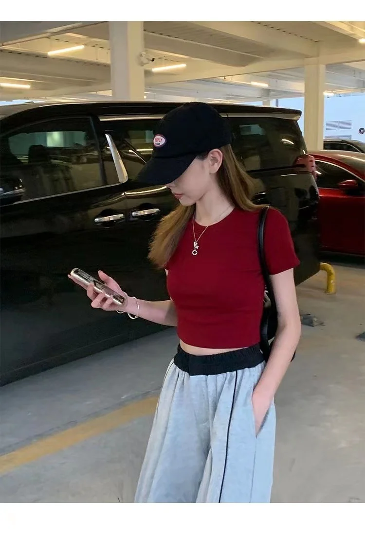 Description Picture 4 of itemShort Sleeve T-shirt Women Summer Spicy Girl Slim Fit Short Belly Exposing Red Top Trendy Comfortable Casual Style