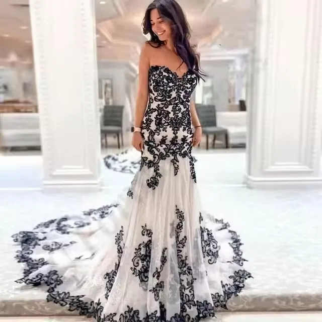 boho gothic wedding dress Boho Gothic Lace Black White Wedding Dress Long-Sleeve Black / US20W