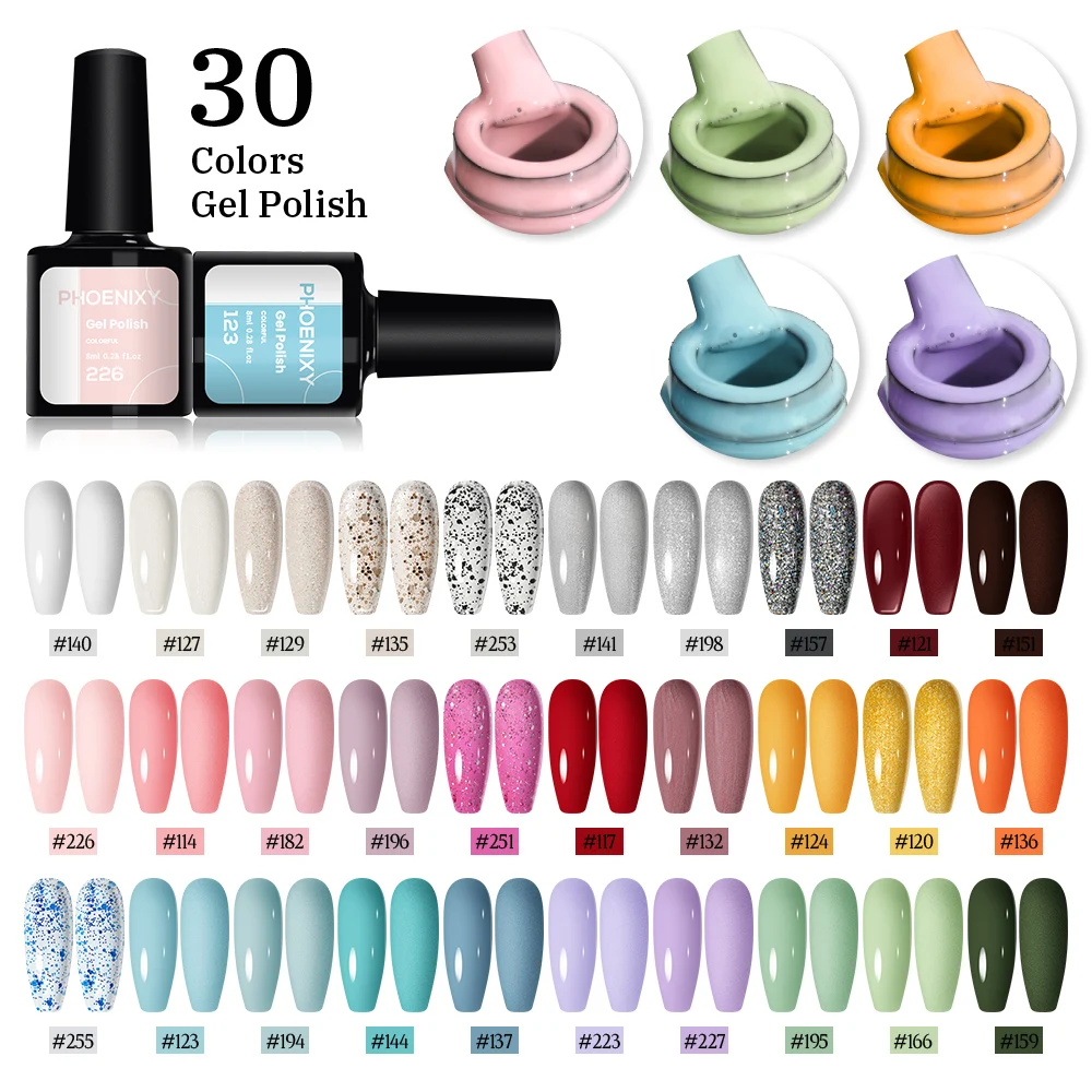 PHOENIXY 7ML 30/20 PCS 젤 매니큐어 키트 봄 여름 색상 세미 퍼머넌트 젤 바니시 UV 젤 네일 아트 매니큐어 세트