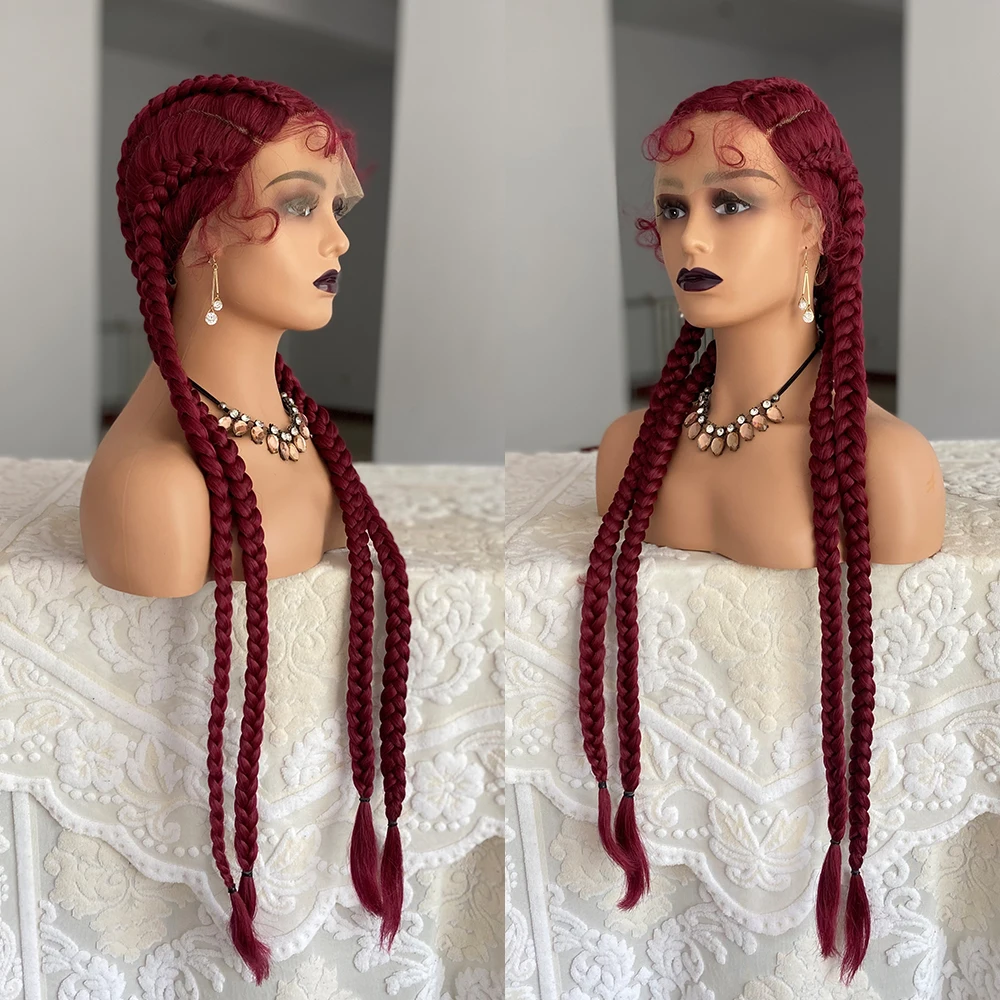 Burgundy Red Color 4 Box Braids Synthetic Lace Front Wig Full Hand