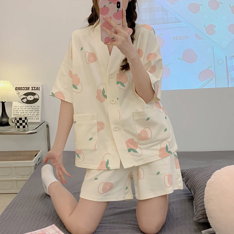 

Pajamas For Women Korean Sweet Girl Cardigan Home Wear Short Sleeve Shorts Sets Summer Nightwear Cute Pink Peach Women's Pyjamas