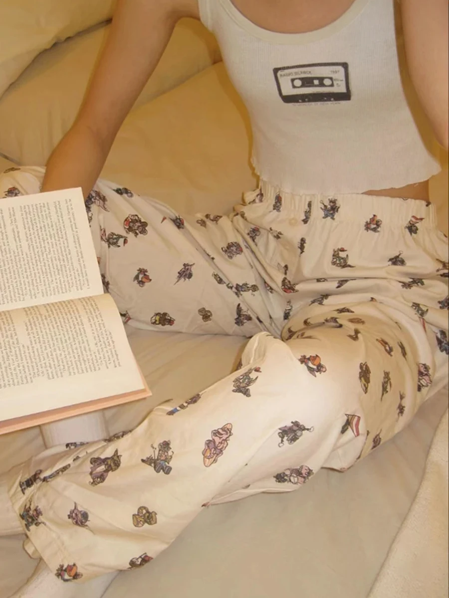 

Прямые мешковатые удобные брюки с мультипликационным динозавром, женские хлопковые спортивные брюки с эластичным поясом на шнурке, милые шикарные спортивные брюки Y2K