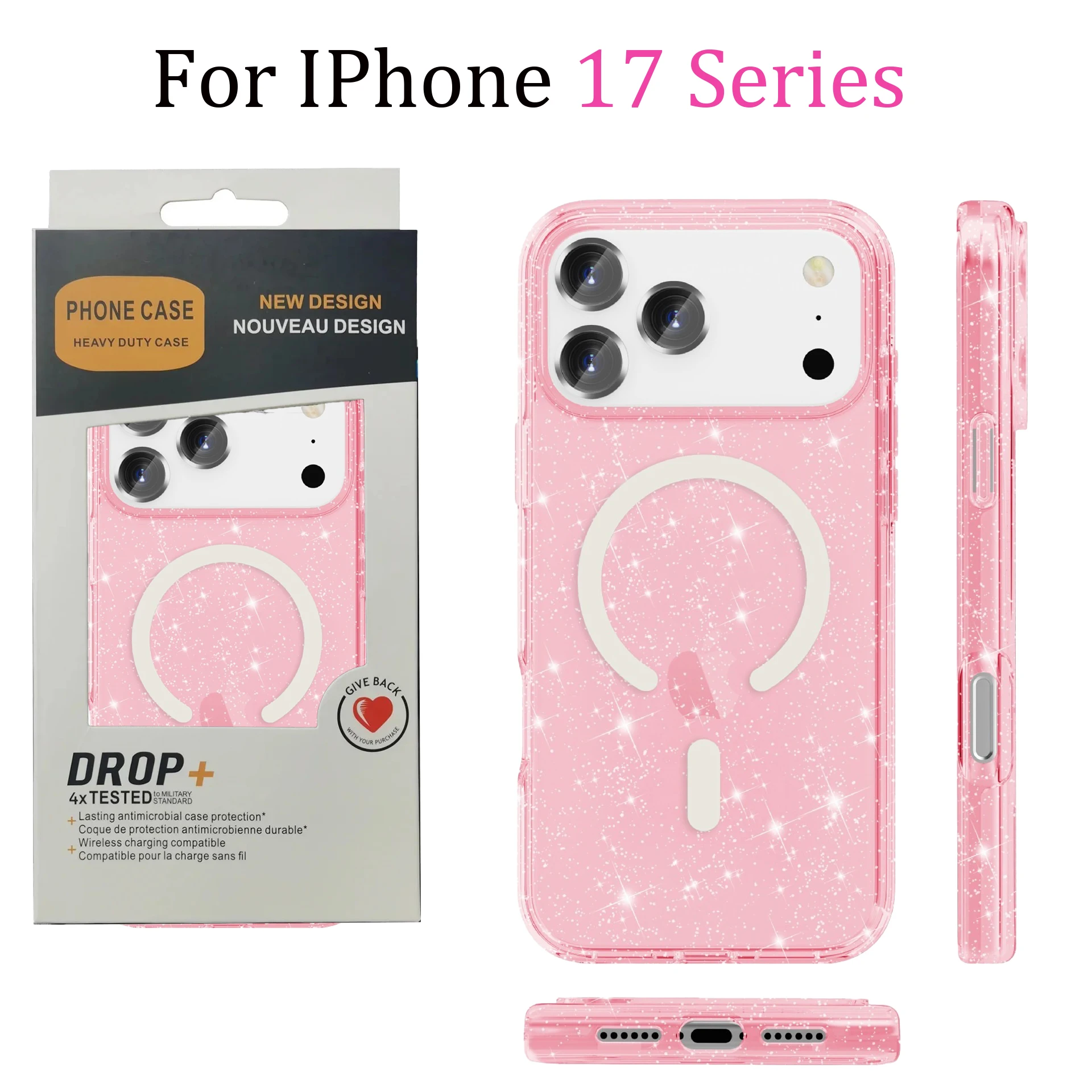 Glitter Transparent Shockproof Armor Case with Wireless Charging Compatibility