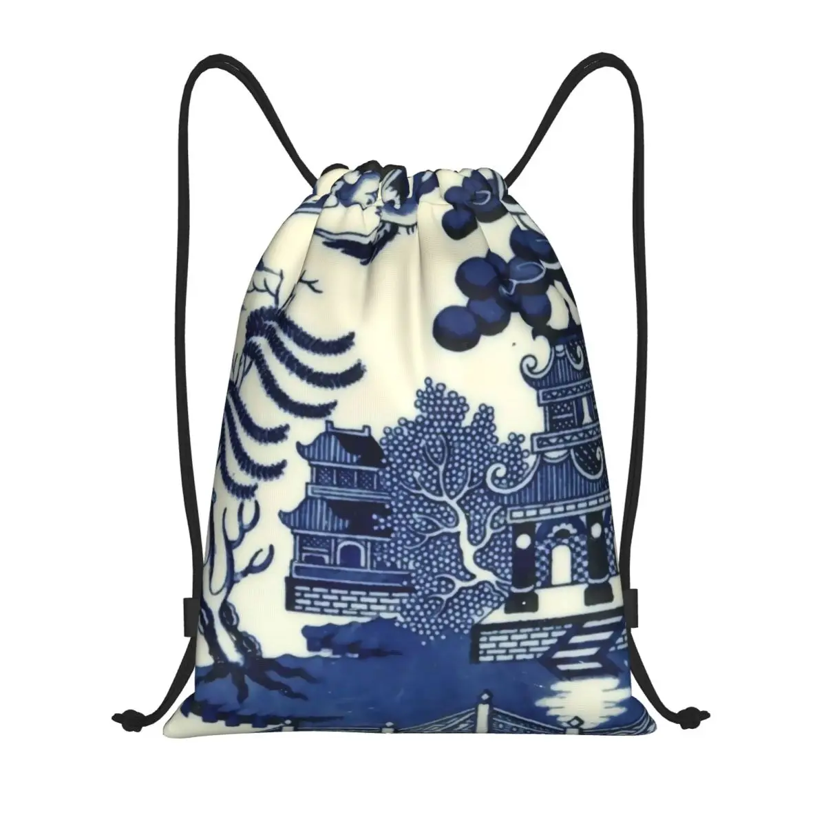 

Antique Willow Ware Oriental Toile Drawstring Bags Sports Gym Sackpack Blue Delft Chinoiserie Pagoda Shopping Storage Backpacks