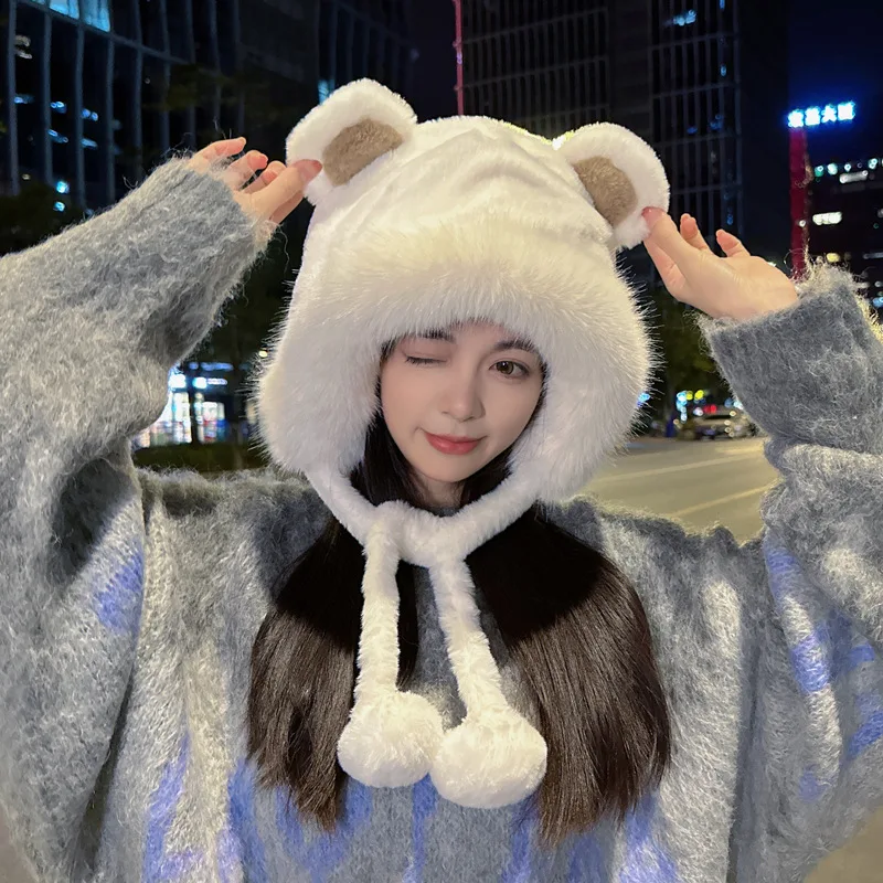 

Bear Ears Plush Head-Wrapping Hat Female Winter Cute Furry Cycling Earmuffs Hat Thickened Thermal Lei Feng Cap Winter Hats