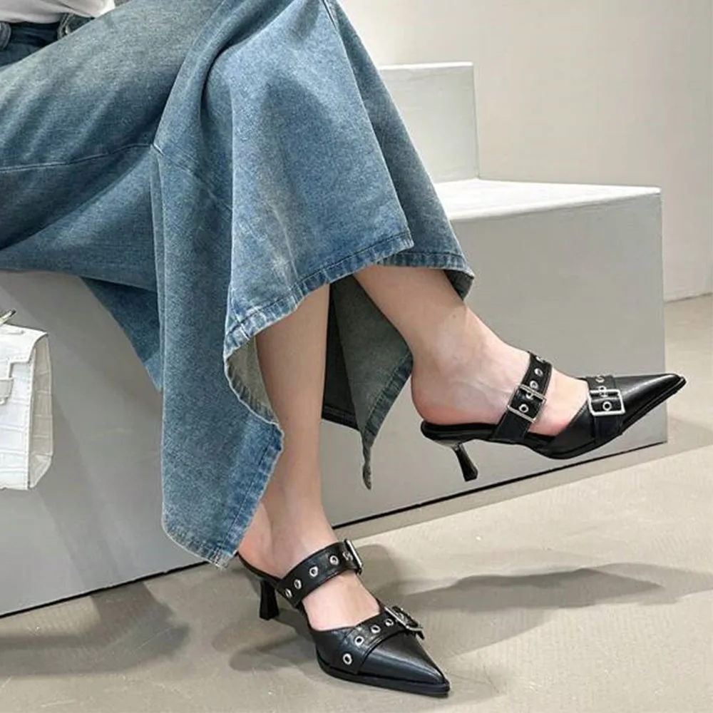 Women's Pumps Belt Buckle Pointed Toe Black High Heel Mule