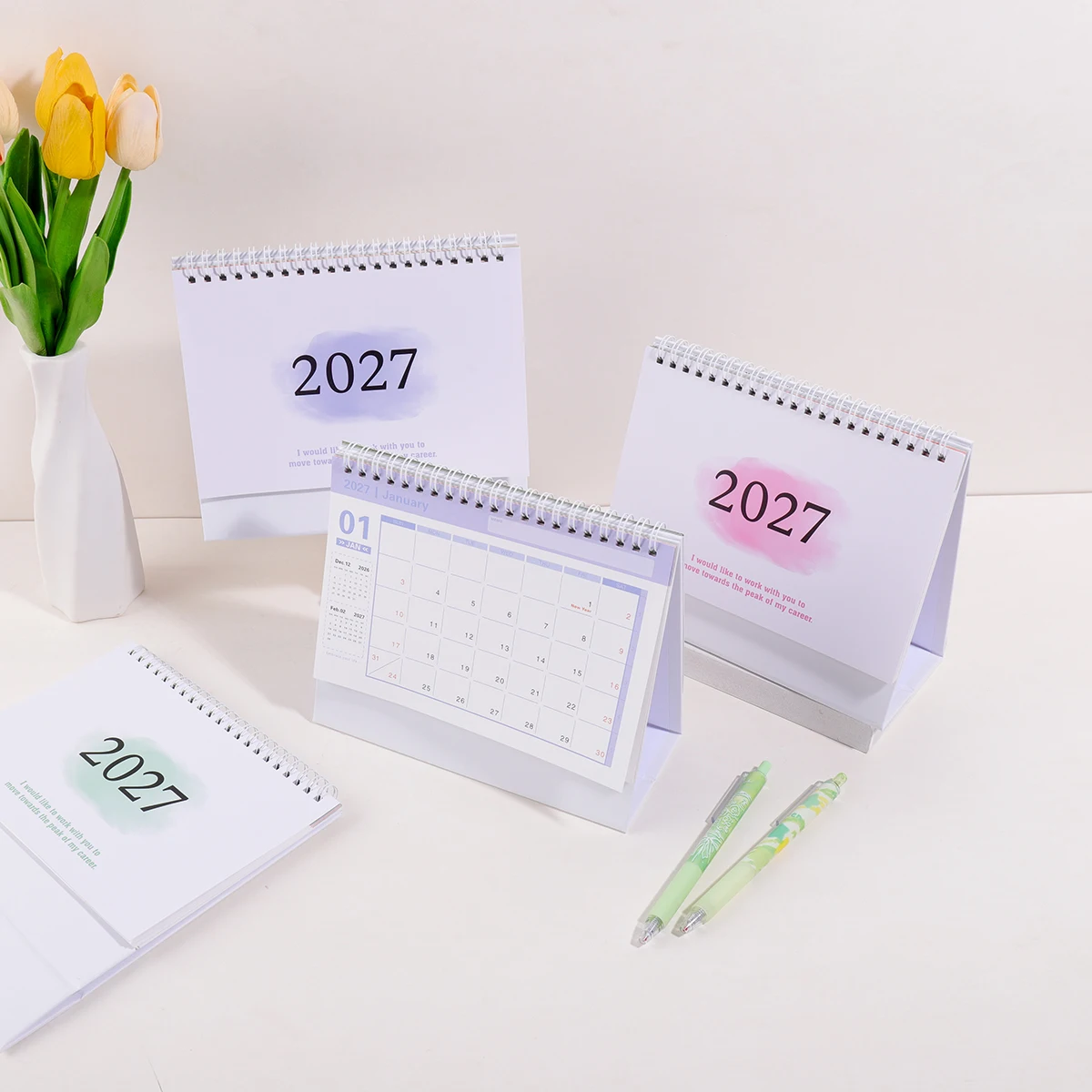 2027년 중형 월간 책상 달력, 사무실, 학교, 가정용 스프링 제본 접이식 스탠드형 데스크탑 달력