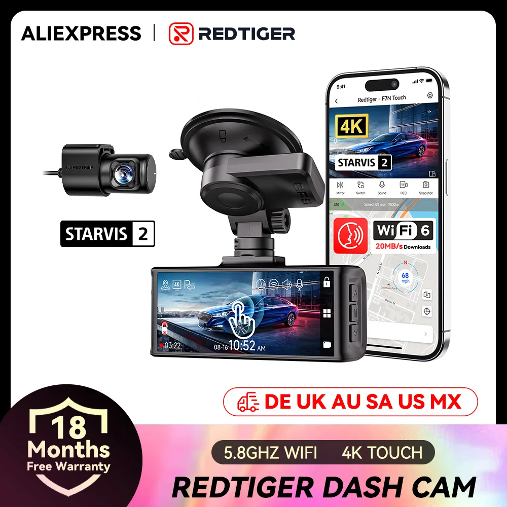 Redtiger F7N Touch 4K dash camera Starvis 2 IMX675 5.8Ghz WiFi car cameras for night vision WDR from front and rear dash camera