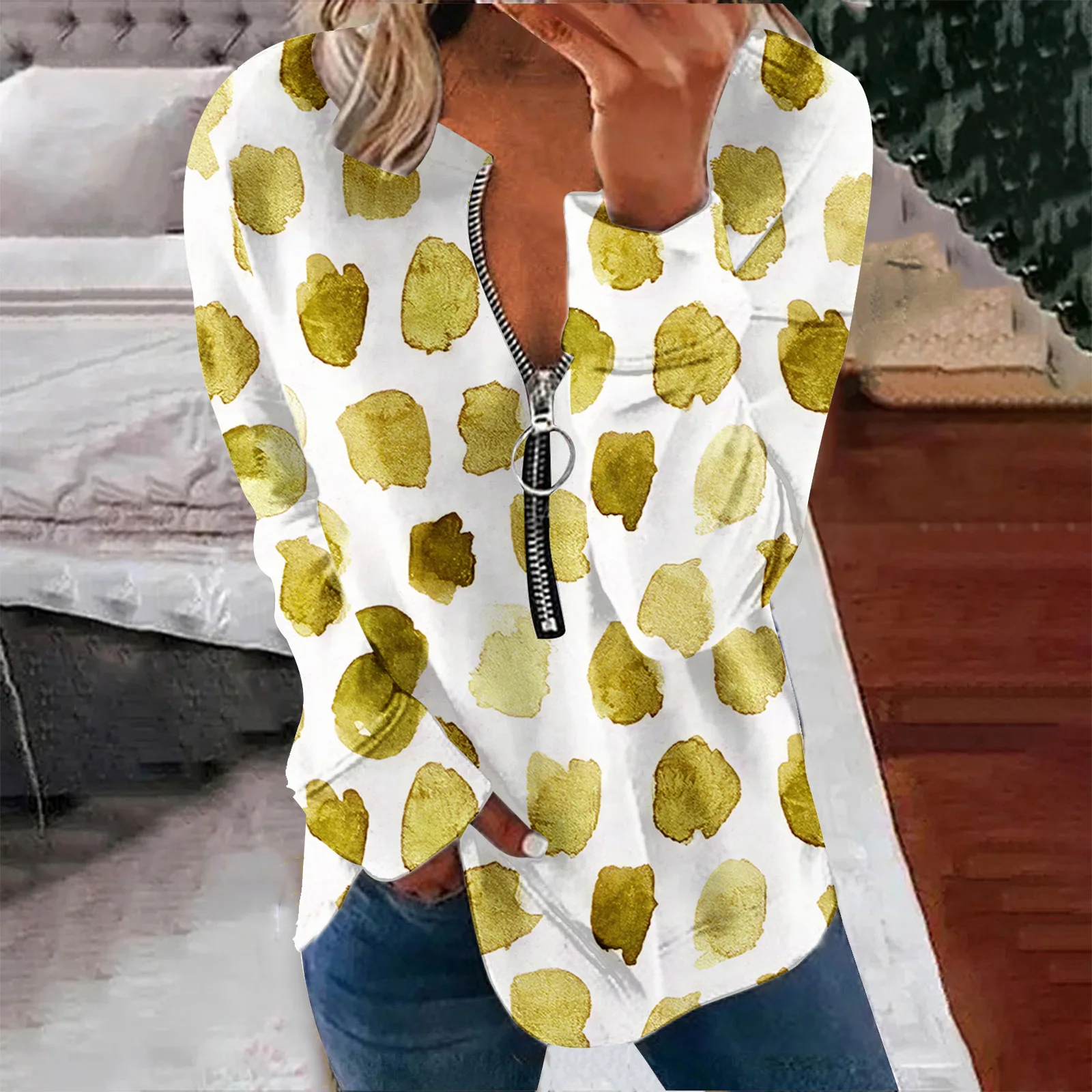 2024 Women's Pullover Sweatshirt Ribbed Zipper Blu&hellip;