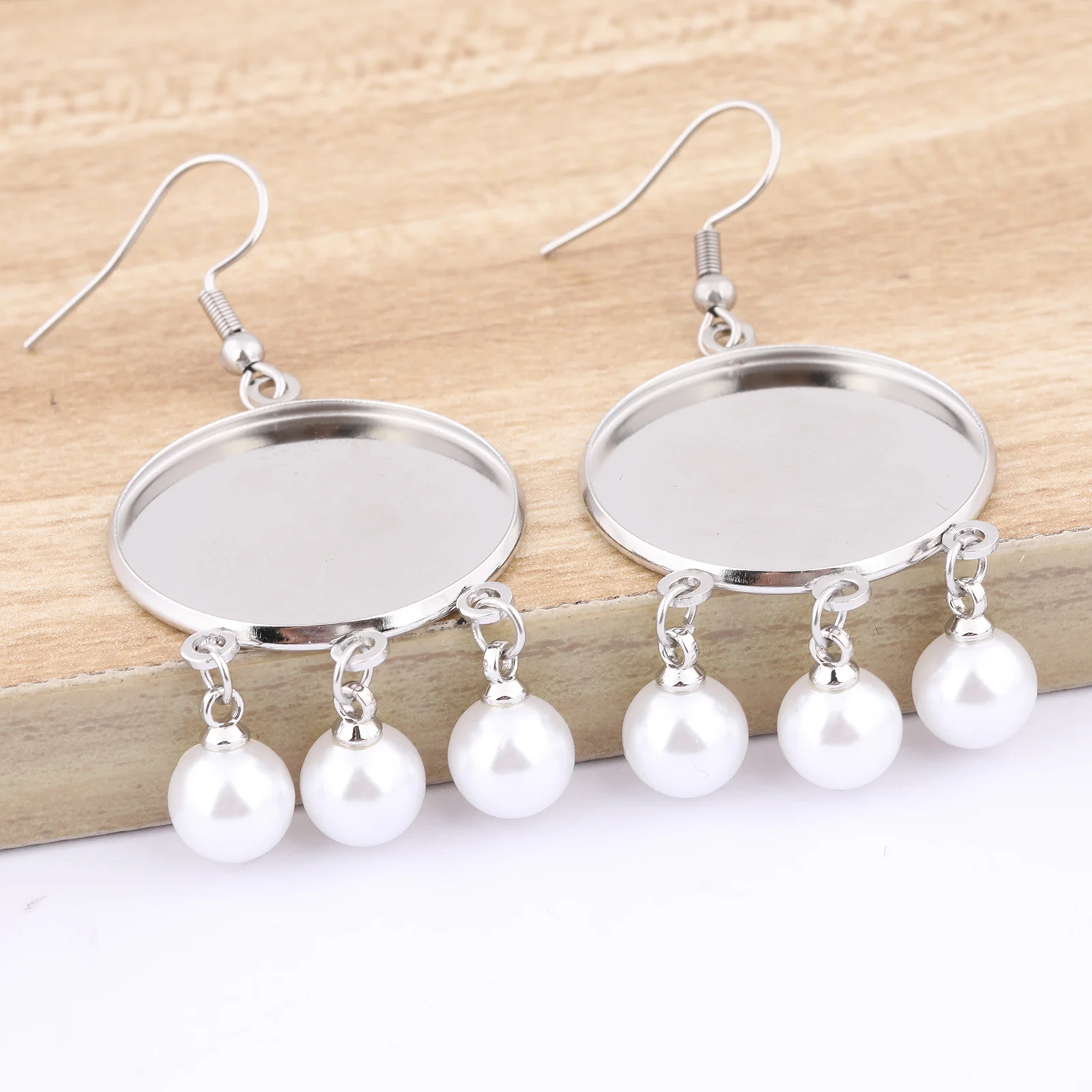 Jewelry Findings 6pcs Stainless Steel Pearl Charm Earring Base Blanks 25mm Cabochon Earring Setting Trays Diy Ear Hooks