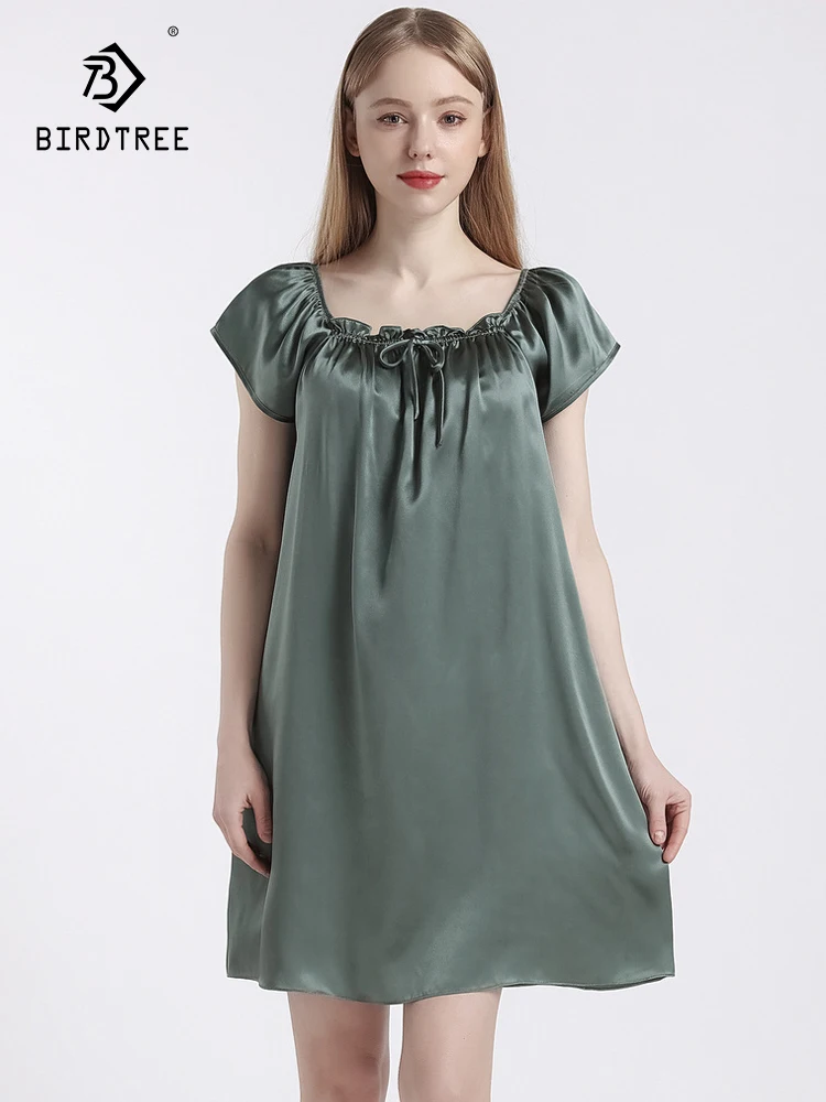 

Birdtree 100%Mulberry Silk Solid Nightdress Summer Short Sleeves Women Home Clothes Can Be Worn Outside Sexy Nightwear P38862QC