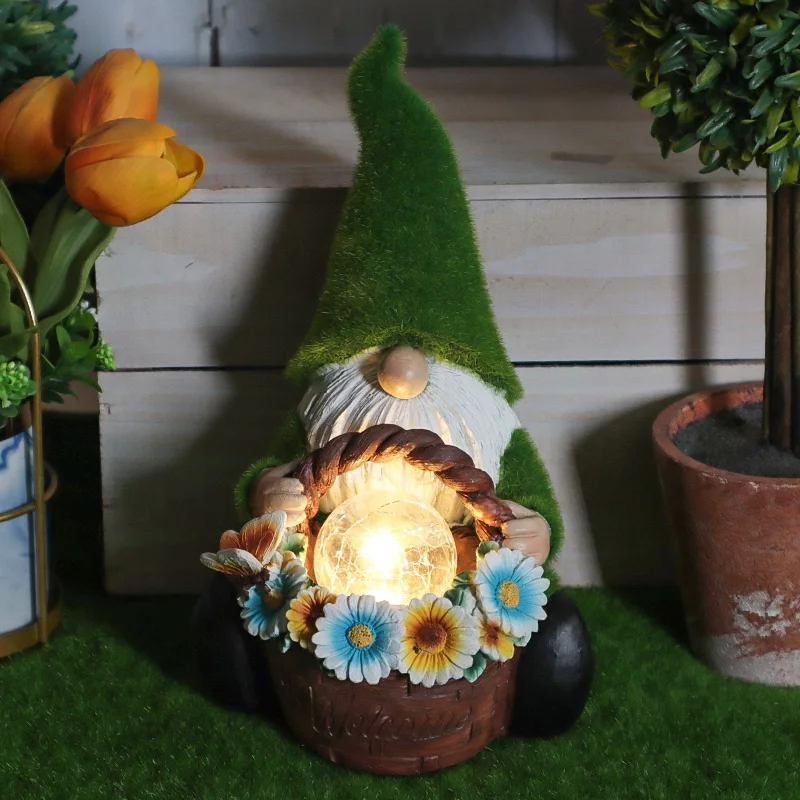 Garden Hallway Solar Elf Light Resin Crafts Garden Decoration Outdoor Flocked Dwarf Statue Decorative Lawn Light