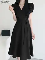Women Fashion OL Work Sundress ZANZEA Elegant Summer Short Sleeve Dress Casual Solid A Line Vestido Kaftan Sarafans Robe Femme - Image 4
