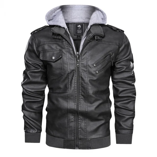 Men Jackets Fake Two Leather Jacket Double Zipper Removable Hooded Biker Leather Coat Male Cardigan Overcoat 6