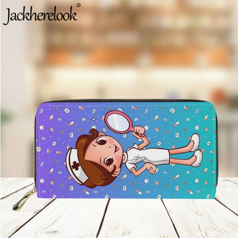 Jackherelook Ladies Nurse Wallet Fashion New Color Gradient Trend Cute Cartoon Nurse Print Purse Long Leather Bank Card Holder