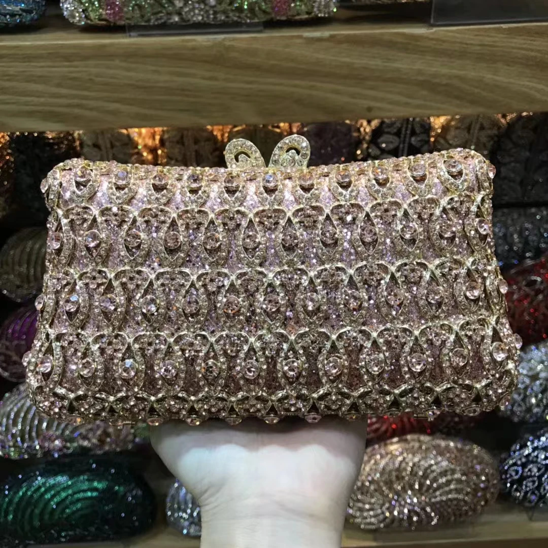 XIYUAN Women Rose Gold Stones Clutch Bags Lady Champagne Evening Bag Metal Minaudiere Rhinestone Clutches Wedding Party Purse