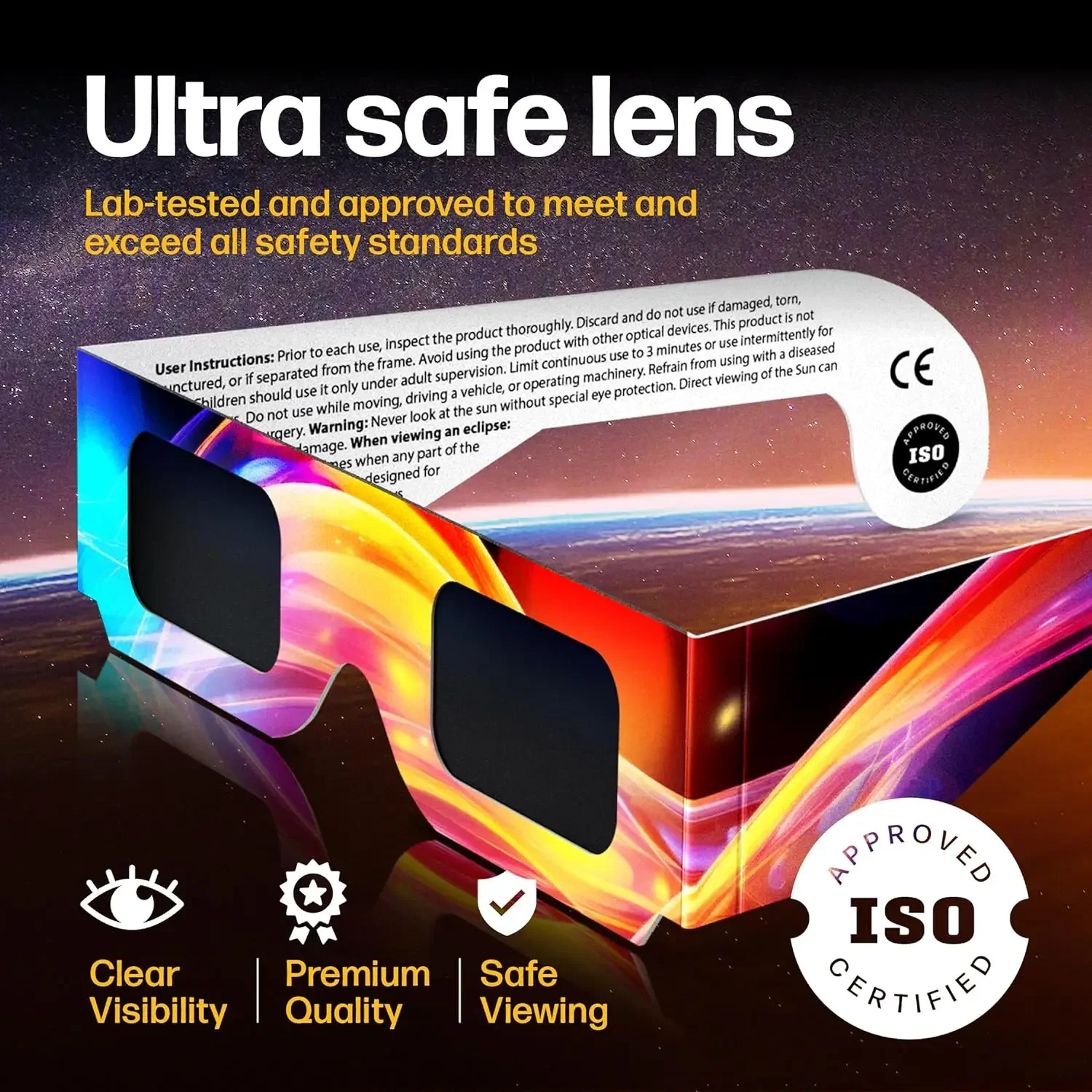 

2024 approved solar eclipse glasses (10 packs) CE certified, clearly visible, scratch free lenses for viewing Safety shading
