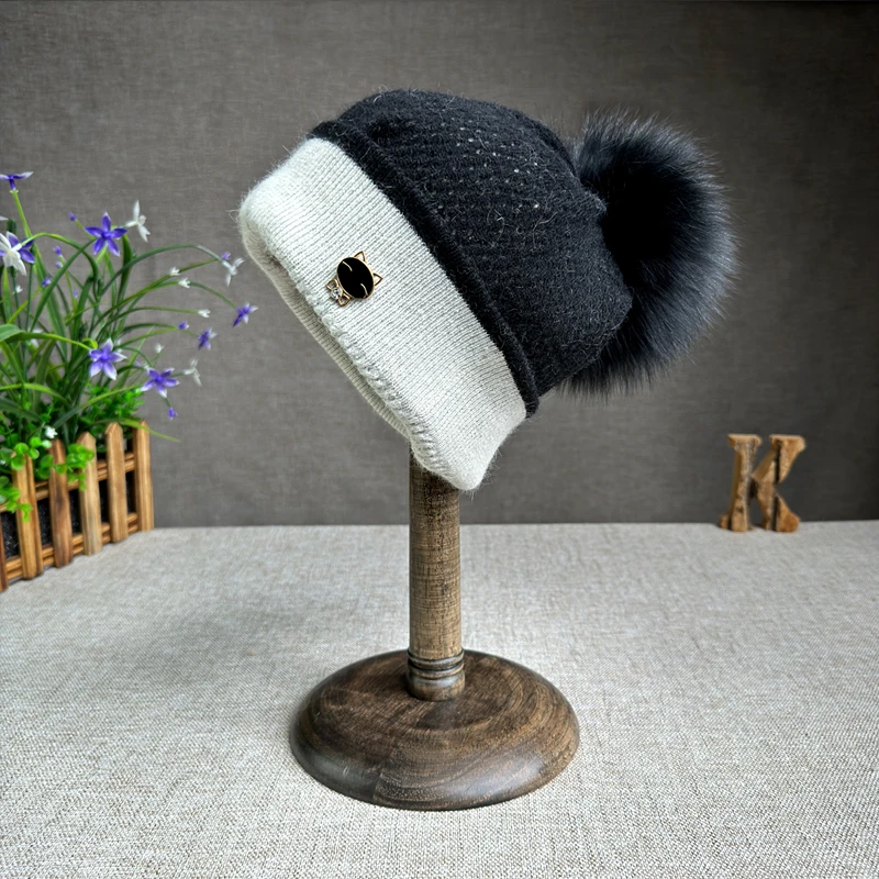 2025 New Natural fur pompom hat Women High quality Color block Beanies Winter Travel  Hats for women Warm Female hat 6