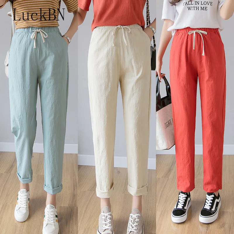 Women Casual Harajuku Long Ankle Length Trousers 2023 Summer Autumn Large Solid Elastic Waist Cotton Linen Pants Black Pants shascullfites melody high waist matt black fleece lined leggings ankle length leather pants with zipper push up trousers women