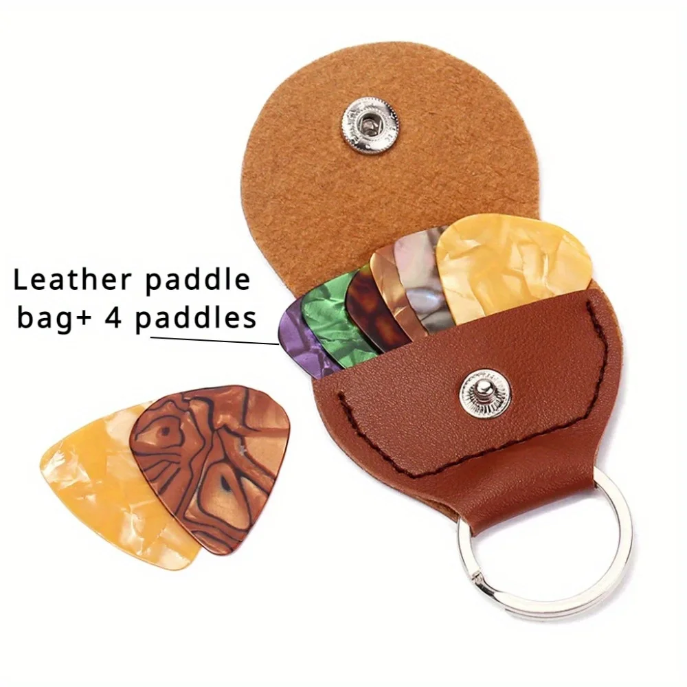 1Set Guitar Picks Keychain Holder Leather Plectrum Storage Pouch Bag Keyring Case for Electric Guitar Bass Ukulele