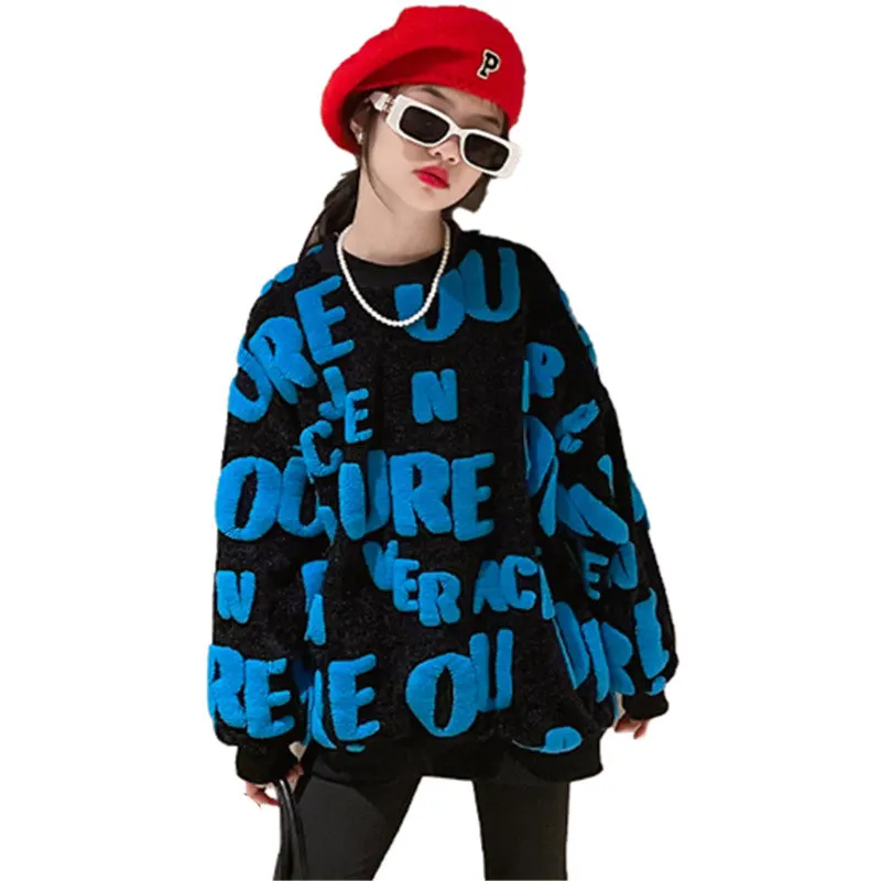 

High Quality Letter Pattern Cotton Girls Sweatshirt Thicken Long Sleeve Tops Autumn Winter Children Clothes 7 8 9 11 12 13 14Yrs