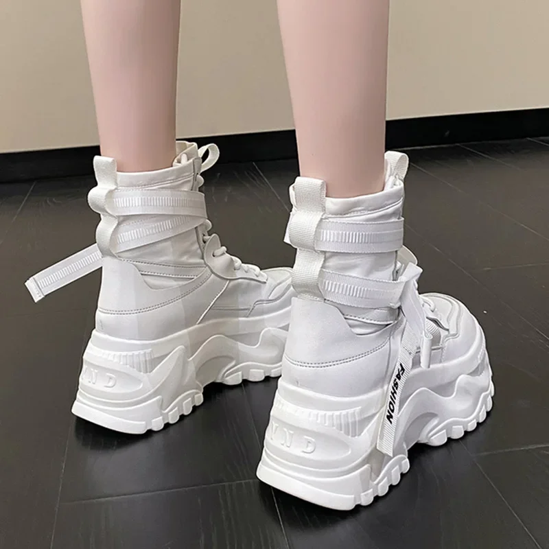 Fashion Women Chunky Platform Motorcycle Boots White Lace Up Thick Bottom Shoes Woman Autumn Winter Ankle 2023