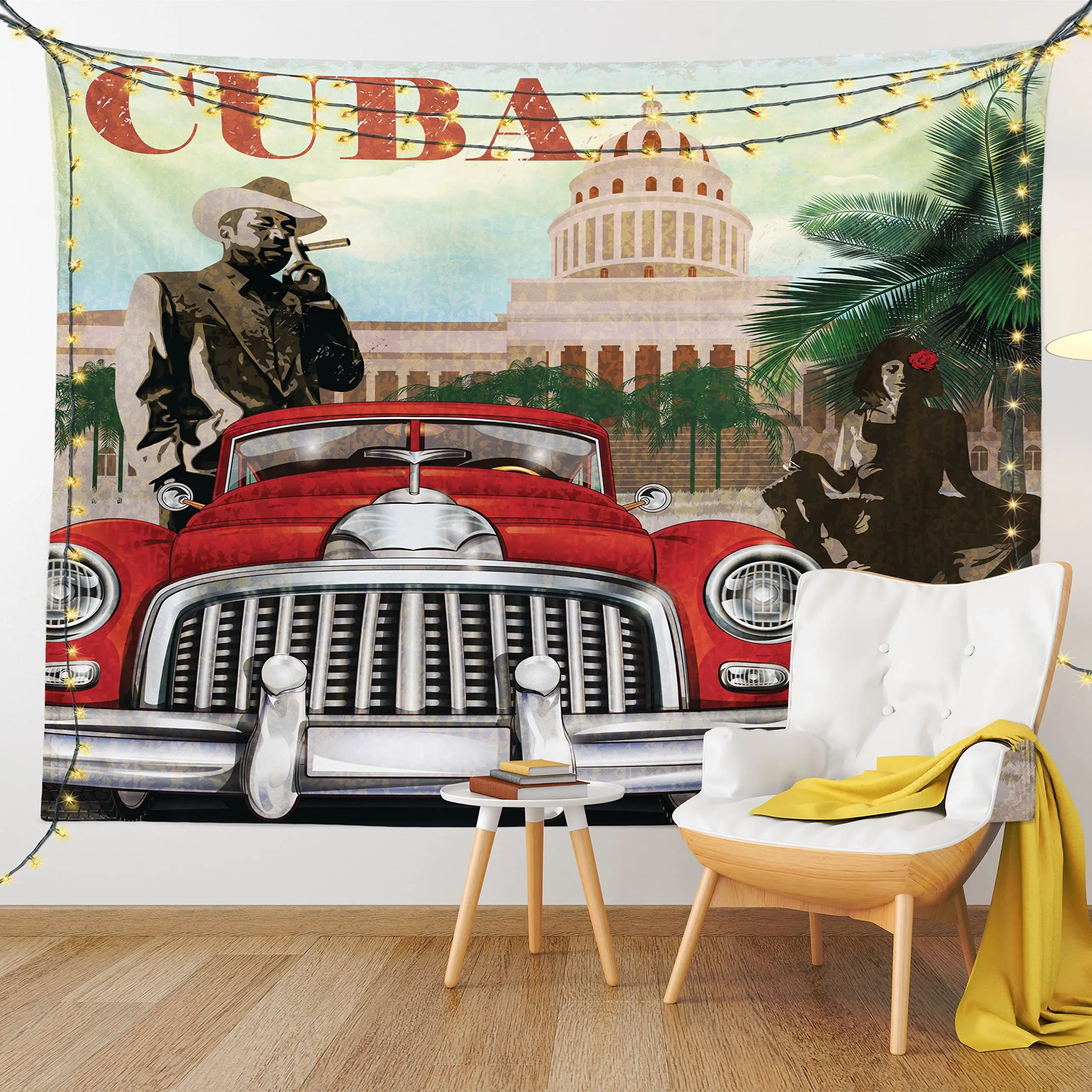 Arazzo Cuba, Tema Pubblicitario Turistico Country Design Vintage Sigaro Fumare Uomo E Ragazza Danzante, Decorazione Da Parete Appesa A Parete