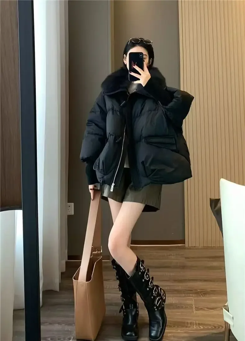 Women Winter New Fur Collar Puffer Down Parka Loose Down Warmer Thicken Snow Jacket Pocket Zipper Faux Fur Outerwear Female