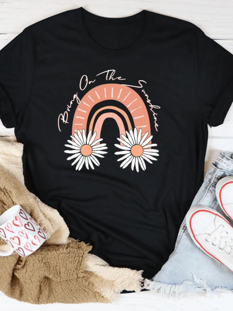 

Daisy Rainbow Bridge Print Women T Shirt Short Sleeve O Neck Loose Women Tshirt Ladies Tee Shirt Tops Camisetas Mujer