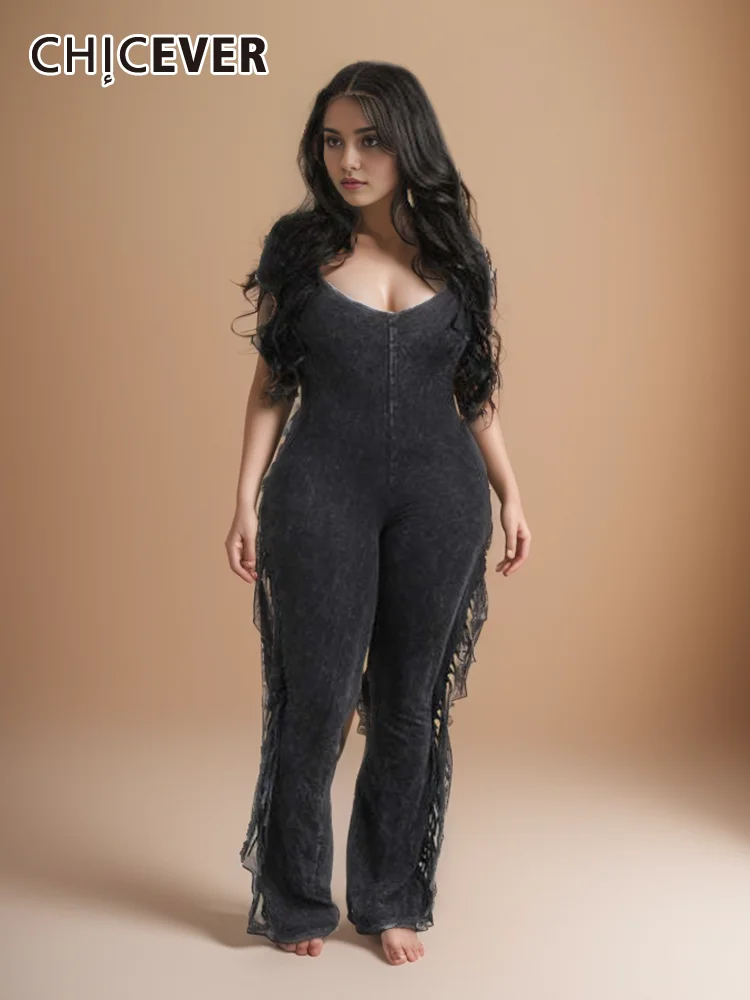 

CHICEVER Solid Patchwork Tassels Slimming Jumpsuits For Women Square Collar Short Sleeve High Waist Minimalist Jumpsuit Female