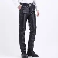 Plus Size Men Pants Thickened Pockets High Waist Leather Pants Velvet Elastic Fashion Winter Pants Men Middle Aged 4