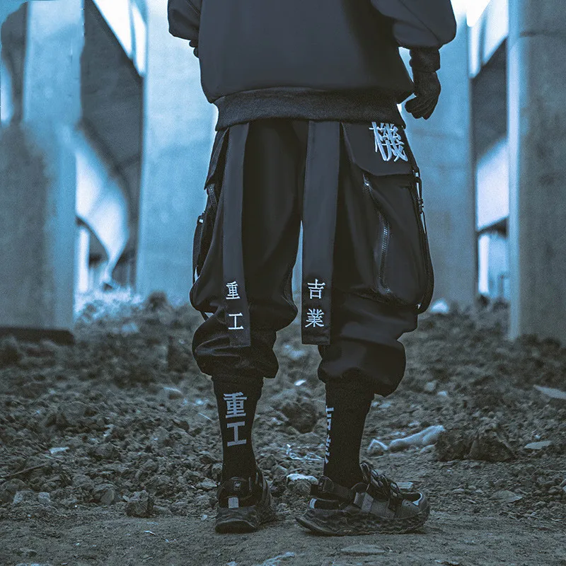 2023 리본 자수 전술 힙합 카고 바지 큰 주머니 남성 여성 하라주쿠 펑크 Techwear 하렘 바지