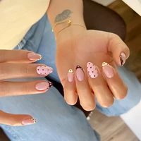Faux ongles amande rose nude imprimés à pois, 24 pièces, ongles français jaunes/rouges à presser, manucure DIY estivale, faux ongles portables 1