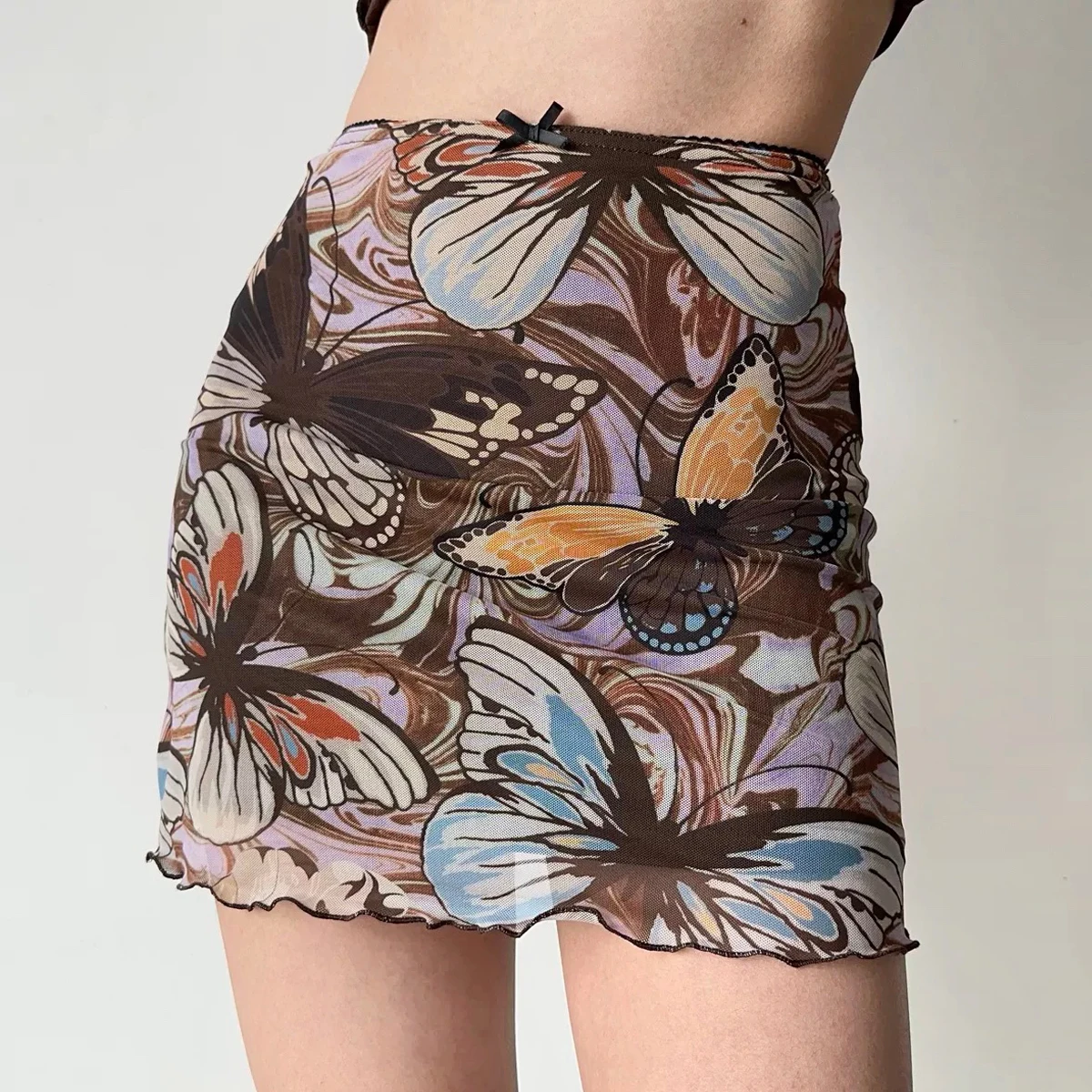 

Retro European American Style Printed Mesh High Waist Skirt Women's Summer Slimming Short Hip Skirt