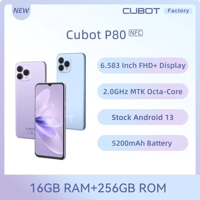CUBOT Celular Cubot P80 8GB 256G tarjeta SIM dual 5200mAh Android  13-Púrpura
