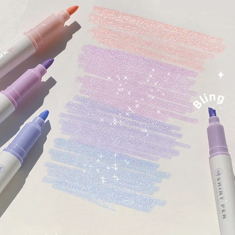 Highlighter Pen Set Color Marker Pens Glitter Color Shiny Pens Set 4mm Brush for Drawing Painting Art School 4pcs